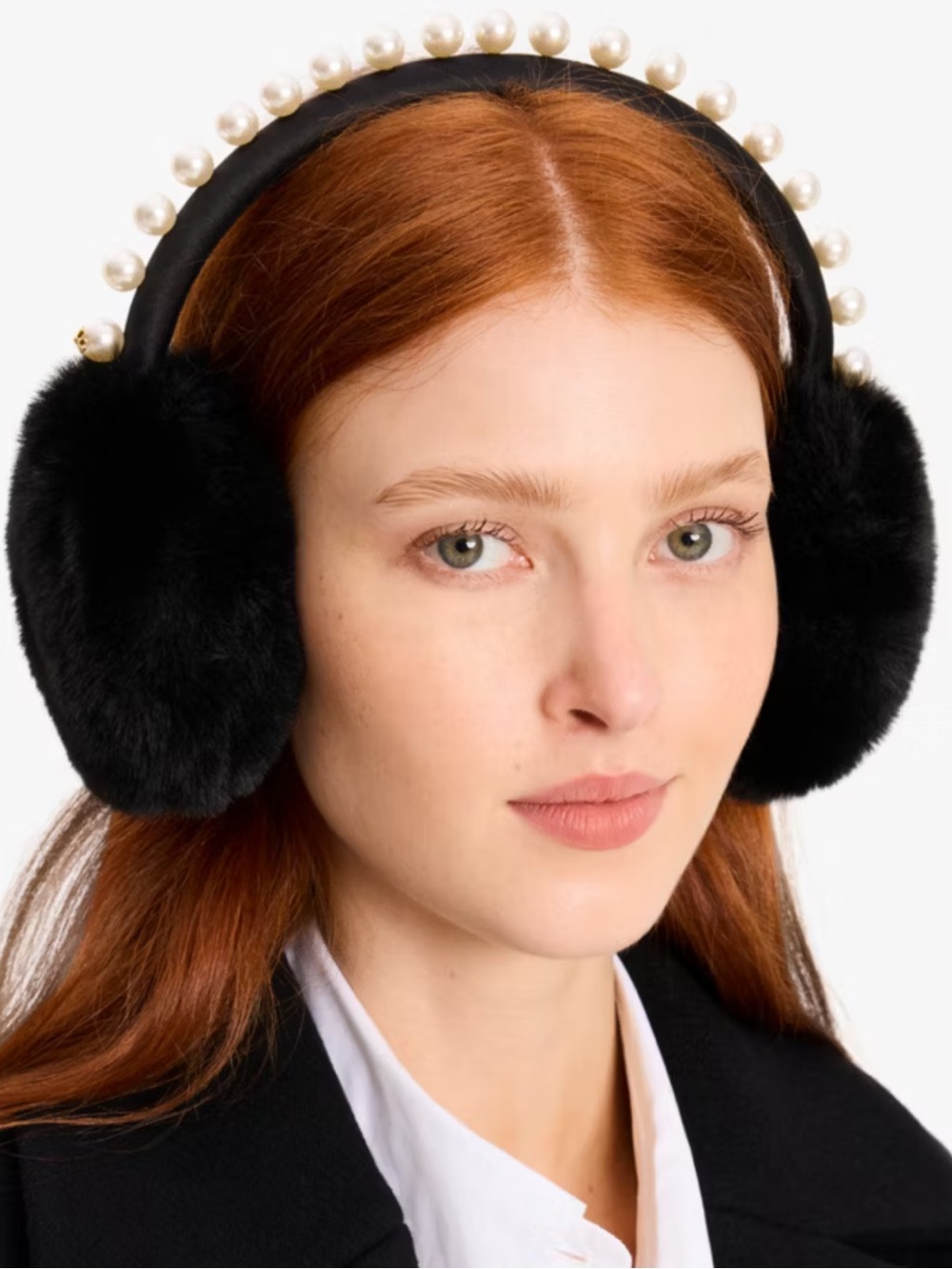 kate spade Olivia & Kate Black Faux-Fur Pearl-Trim Headband Packable Ear Muffs